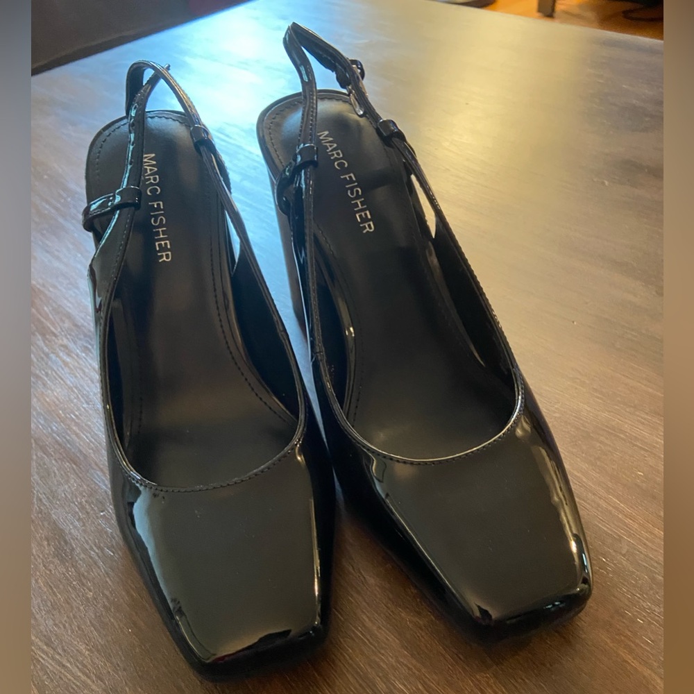 Like New Marc Fisher Black Patent Leather Slingback Heels